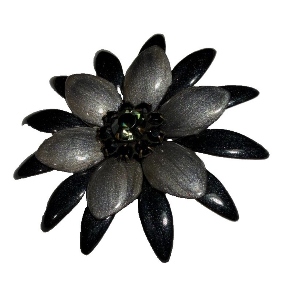 Vintage Black Gray Flower Brooch Rhinestone Enamel Layered Statement Pin